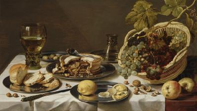 Tabletop Still Life with Mince Pie and Basket of Grapes, Pieter Claesz